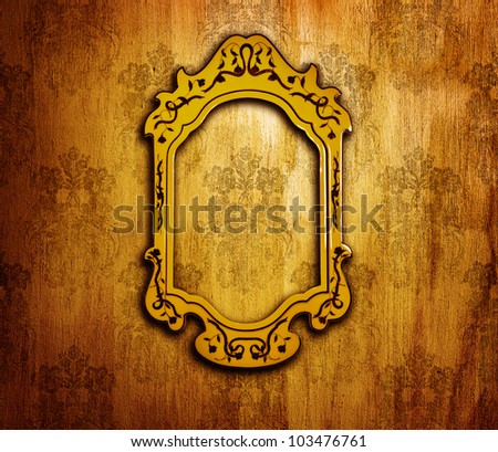 Vintage interior design, old golden mirror frame on retro grunge wall, artwork and picture aged framework, abstract dark background, wallpaper floral pattern, old fashioned style home furniture