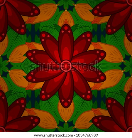 Pattern with spring flowers with branch, on red, green and orange colors with flower silhouette. Vector pattern.