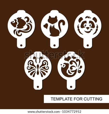 Set of coffee stencils. For drawing picture on cappuccino, macchiato and latte . Silhouettes of fish, cat, panda, butterfly and bird. Template for laser cutting, paper cut  and wood carving. Vector.