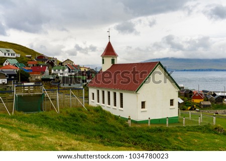Church on Sandoy, one of the biggest of all the Faroe Islands, autonomous region of the Kingdom of Denmark