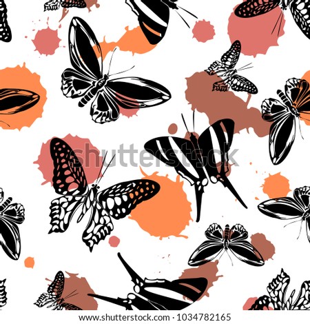 Colorful seamless butterfly kite template with peach orange, brown and red blotters on white. Wildlife butterfly hover theme vector. Repeating insect soar artwork for advert.