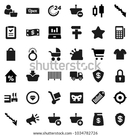 Flat vector icon set - cart vector, japanese candle, laptop graph, crisis, percent growth, target, barcode, gift, cash, star, money bag, open, 24 hour, shopping, mall, customer, card reader, cashbox