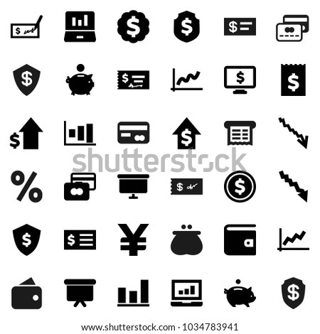 Flat vector icon set - dollar coin vector, graph, laptop, credit card, wallet, crisis, piggy bank, growth, check, receipt, presentation board, medal, shield, monitor, yen sign, percent