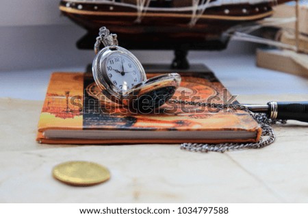 An antique still life of a traveler's thing on a ship