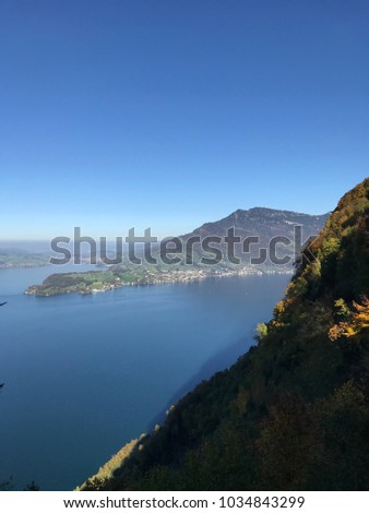 panorama view of lake lucerne with blue water and clear sky