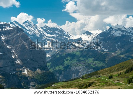 Spectacular view of the mountain Jungfrau and the four thousand meter peaks in the Bernese Alps from Greendeltwald valley, Switzerland Royalty-Free Stock Photo #1034852176