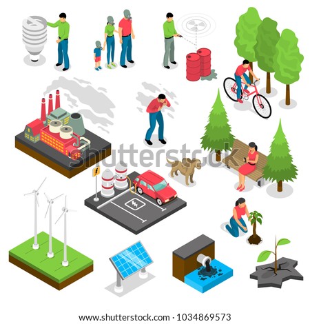 Ecology isometric set with green energy, air and water pollution, electric car, nature revival isolated vector illustration