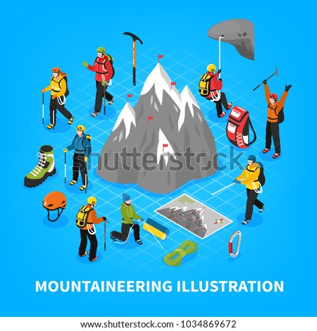 Mountaineering isometric vector illustration with snow mountain touristic equipment and tools for climbers rising 