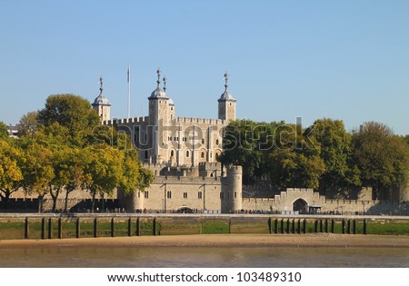 The Tower of London, Medieval Castle and Prison, from the River Thames, England