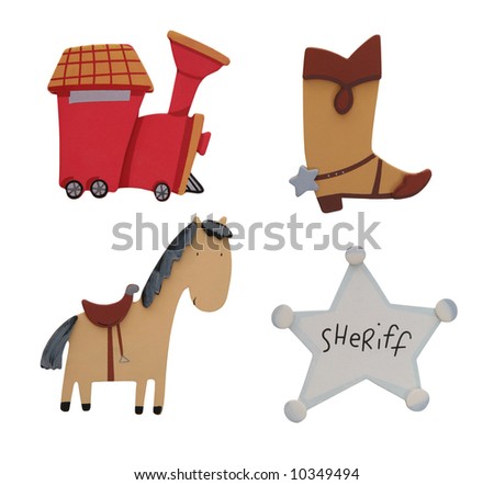 A Train, Boot, Horse, and Badge isolated over white