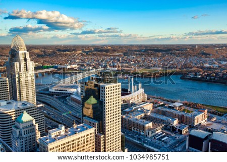 An aerial view of the Cincinnati skyline during the day along the Ohio River