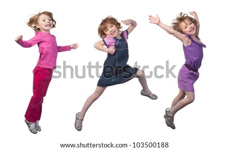 Happy and smiling girl jumping, over white Royalty-Free Stock Photo #103500188