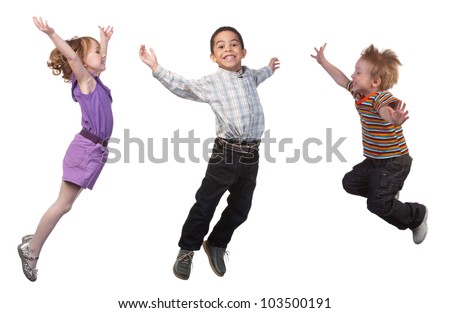 Happy and smiling children jumping, over white Royalty-Free Stock Photo #103500191