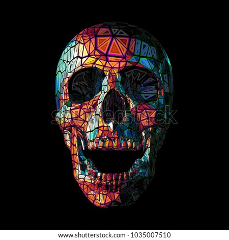 Stylized low poly colorful skull in tribe style on dark background