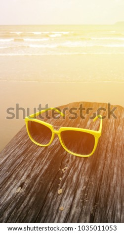 Sunglasses on wood log at sunset, beach and ocean in the background.