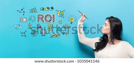 ROI with young woman holding a pen on a blue background