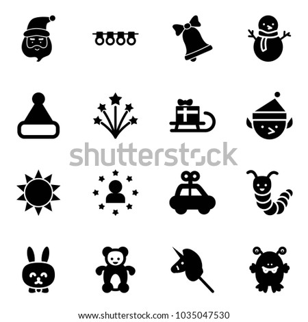 Solid vector icon set - santa claus vector, garland, bell, snowman, christmas hat, firework, sleigh gift, elf, sun, star man, car toy, caterpillar, rabbit, bear, unicorn stick, monster