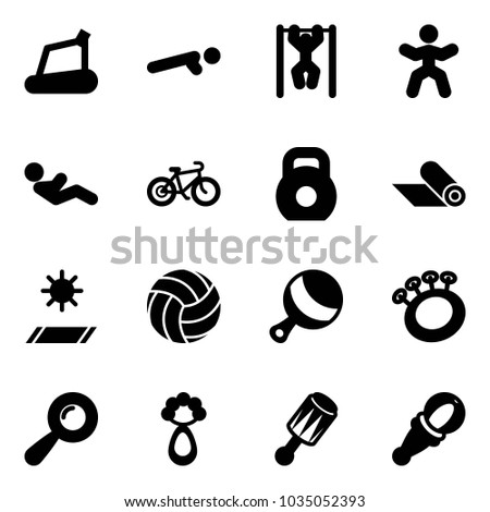 Solid vector icon set - treadmill vector, push ups, pull, gymnastics, abdominal muscles, bike, weight, mat, volleyball, beanbag