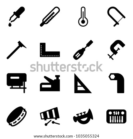 Solid vector icon set - pipette vector, thermometer, fretsaw, mason hammer, corner ruler, chisel, clamp, jig saw, stapler, allen key, tambourine, xylophone, horn toy, piano