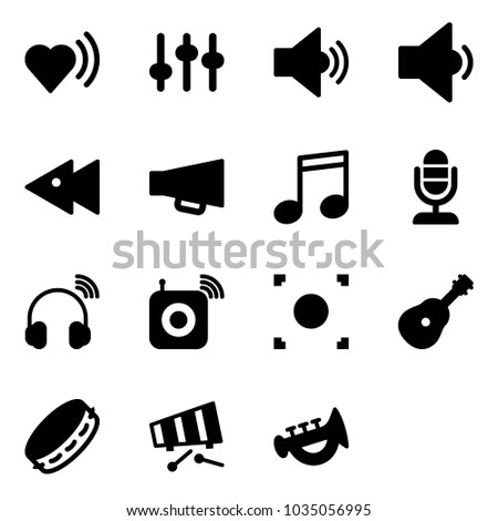 Solid vector icon set - heart beat vector, settings, volume medium, low, fast backward, loudspeaker, music, microphone, wireless headphones, speaker, record button, guitar, tambourine, xylophone