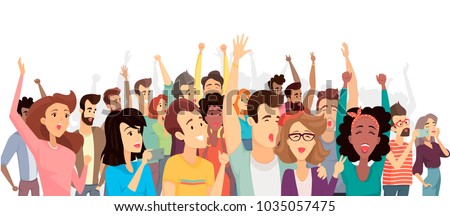 Crowd of happy people poster, banner with crowd taking photos with phones, screaming and shouting, hands up, vector illustration isolated on white Royalty-Free Stock Photo #1035057475