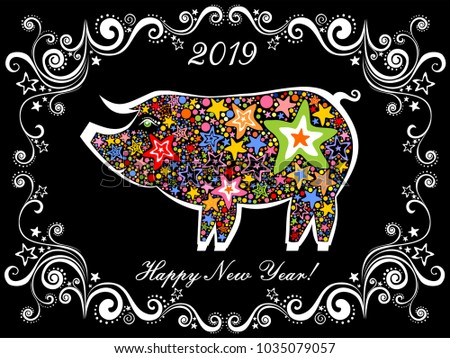 2019 Happy New Year greeting card. Celebration black background with pig and place for your text. Vector Illustration