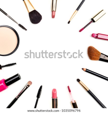 Makeup brushes, pencil, lipstick, and other objects, forming a frame on a white background, with copy space. A square template for a makeup artist's business card or flyer design