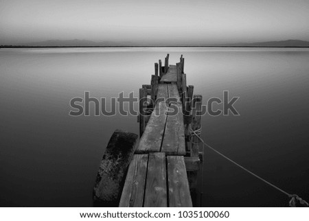 Black and White image of an old handmade dock during sunrise at Salton Sea.                               
