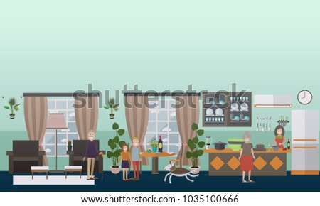Illustration of family characters grandfather, grandmother, mother, kids engaged in domestic chores in house. Kitchen and living room interior. Flat style design.
