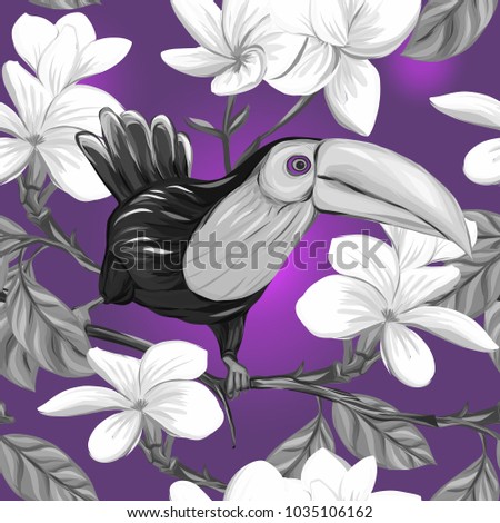 Seamless pattern, background with white plumeria and parrot.  Hand drawn monochrome ultra violet  vector illustration without transparent and gradients.