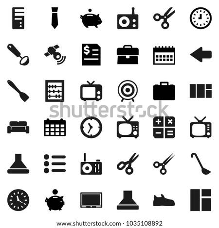 Flat vector icon set - spatula vector, ladle, scissors, abacus, piggy bank, case, annual report, clock, tie, calendar, snickers, target, radio, satellitie, tv, arrow, cushioned furniture, calculator