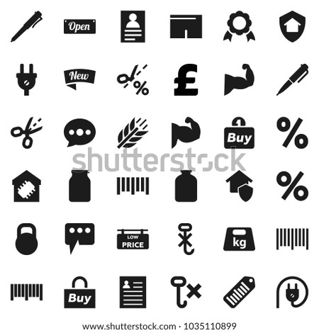 Flat vector icon set - jar vector, pen, medal, personal information, pound, muscule hand, shorts, cereals, no hook, weight, barcode, message, low price signboard, smart home, protect, new, open, buy