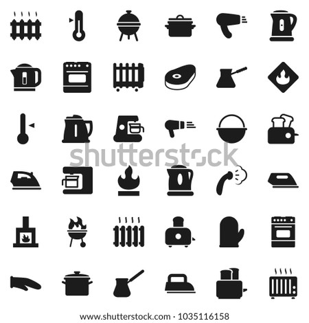 Flat vector icon set - iron vector, steaming, pan, camping cauldron, kettle, cook glove, turk coffee, toaster, oven, thermometer, bbq, steak, flammable, fireplace, heating, maker, hair dryer, heater
