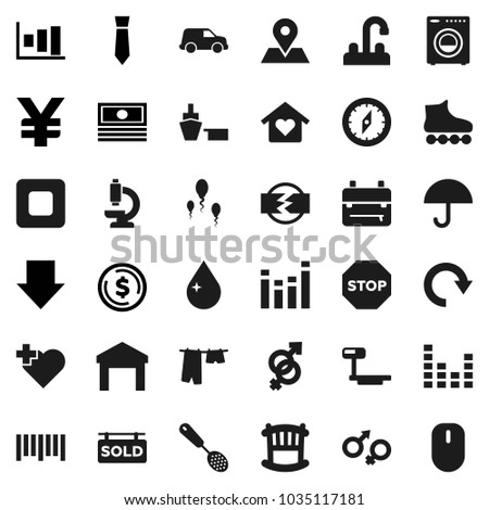 Flat vector icon set - water drop vector, drying clothes, tap, skimmer, backpack, compass, dollar coin, graph, cash, arrow down, tie, yen sign, roller Skates, heart cross, map pin, car, port, gender