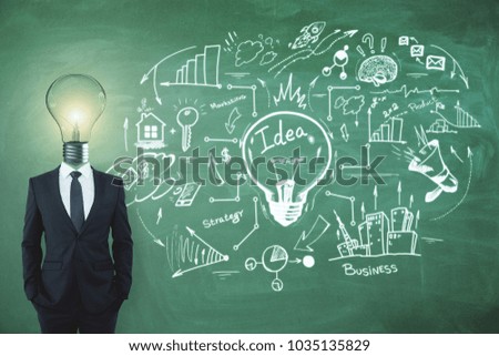 Lamp headed businessman on chalkboard background with business sketch. Idea, solution and finance concept 