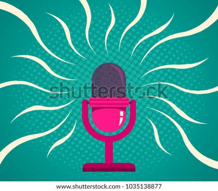 Vintage vector illustration of retro pink microphone and loud sound. Microphone on vintage halftone background.
