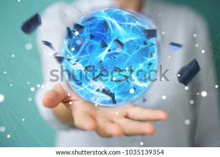 Superhero woman creating an exploding blue power ball with her hand 3D rendering