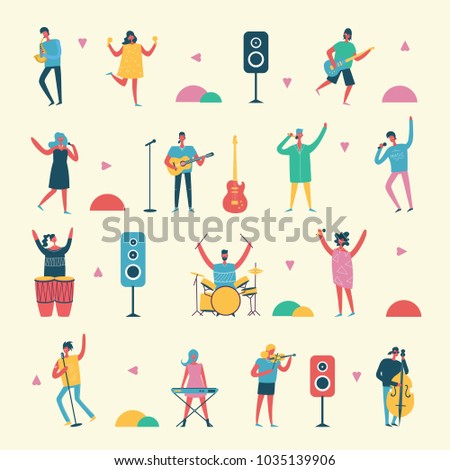 Vector background in a flat style of group of singing and playing music instrument people