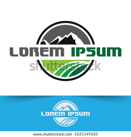 Mountain logo with farm and agriculture illustration.