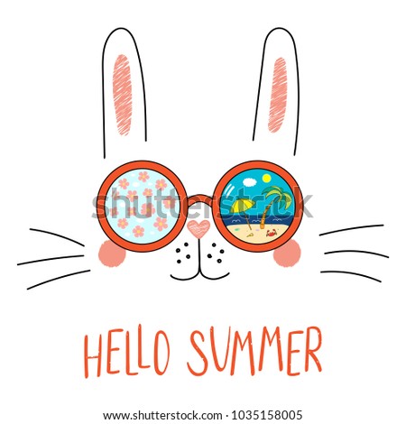 Hand drawn portrait of a funny bunny in sunglasses with cherry blossoms, beach scene reflection, text Hello Summer. Isolated objects on white background. Vector illustration. Design change of seasons.