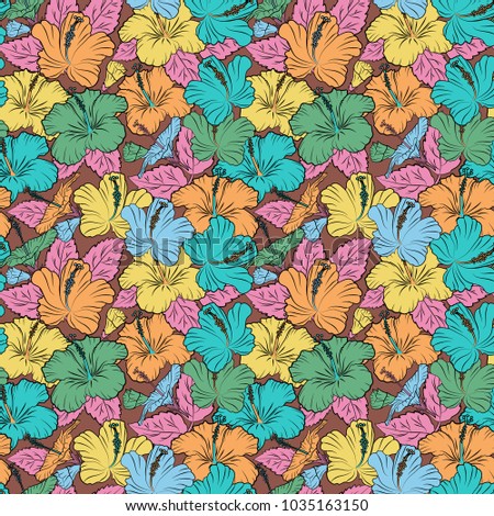 Colored orient pattern in pink, yellow and blue colors. Seamless floral ornament. Modern hibiscus flower pattern with royal hibiscus.