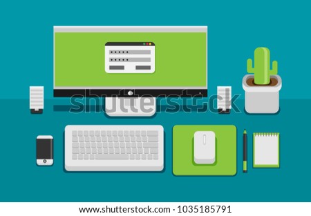 Office desk flat mock up template with flat stylish icons