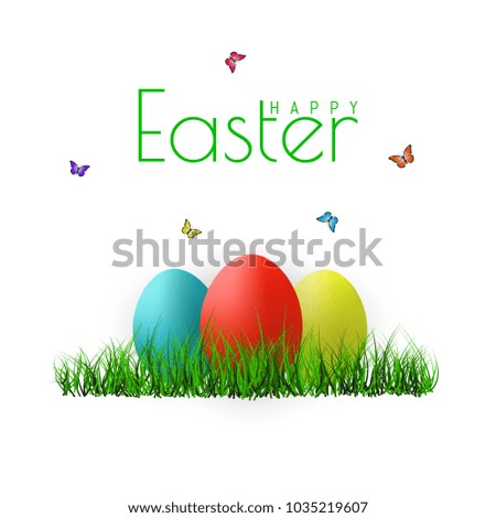 Vector Easter eggs with grass, butterfly and flowers isolated on a white background. Element for celebratory design.
