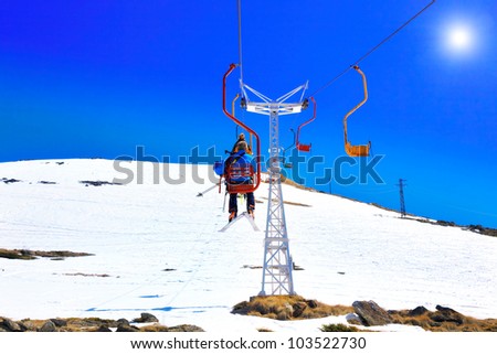 Wonderful view of the cableway in the mountains. Elbrus