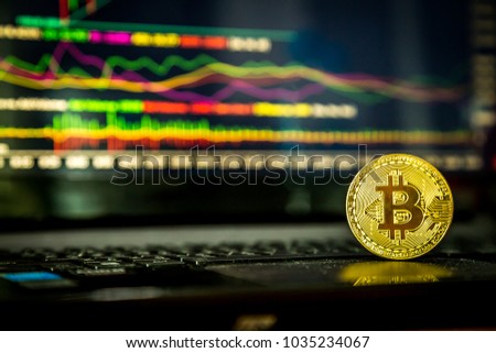 Cryptocurrency coin , Bitcoin on the laptop and colorful chart background