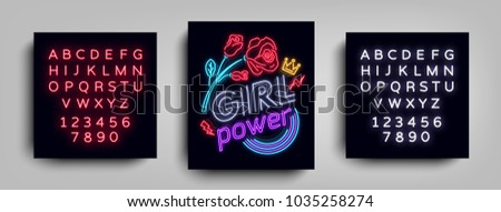 Rock print and slogan vector. Girl Power For T-shirt or other purposes. Symbol of feminism for printing in a neon style. Neon sign Retro style. Womens fashion slogan. Editing text neon sign
