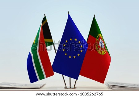 Flags of Republic of South Africa European Union and Portugal
