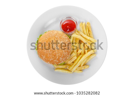 Burger with French fries and ketchup, barbecue sauce. View from above. Serving, serving for a cafe, a restaurant in the menu. Isolated, white background on plate Royalty-Free Stock Photo #1035282082