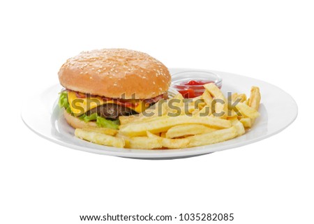 Burger with French fries and ketchup, barbecue sauce. Side view. Serving, serving for a cafe, a restaurant in the menu. Isolated, white background on plate Royalty-Free Stock Photo #1035282085
