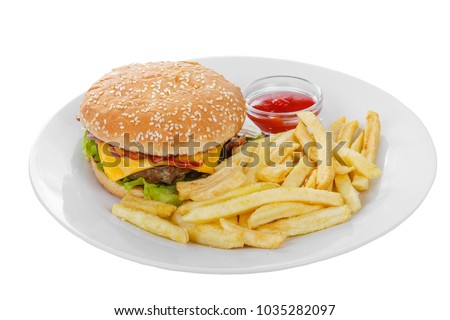 Burger with French fries and ketchup, barbecue sauce. Side view. Serving, serving for a cafe, a restaurant in the menu. Isolated, white background on plate Royalty-Free Stock Photo #1035282097